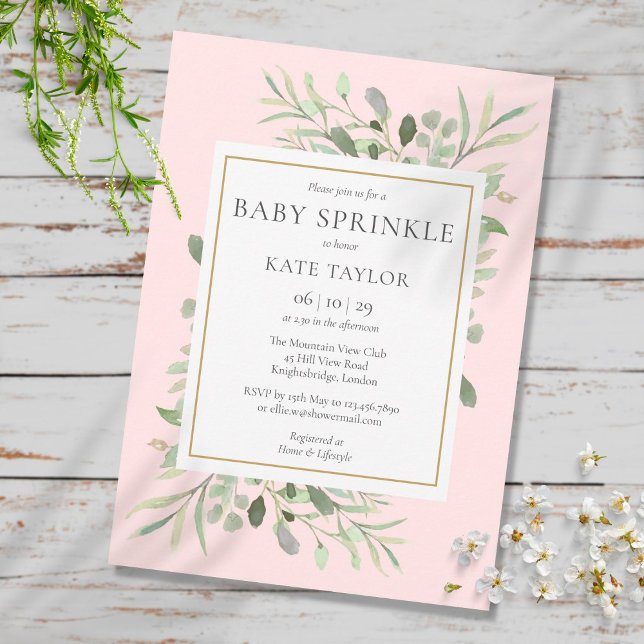 Invitation Fête de bébé fille rose verdure aquarelle (Watercolor Greenery Pink Girl Baby Sprinkle Invitation)