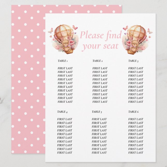 Invitation Fête de bébé Fille Teddy  Ballon floral graphique  (Devant / Derrière)
