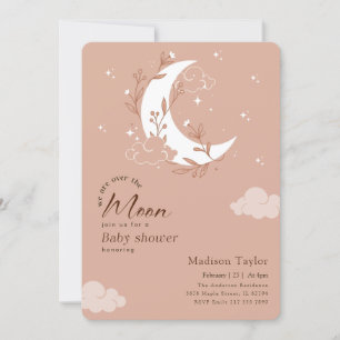 Invitation Fête de Bébé Fille Trendy Au-Delà de la Lune