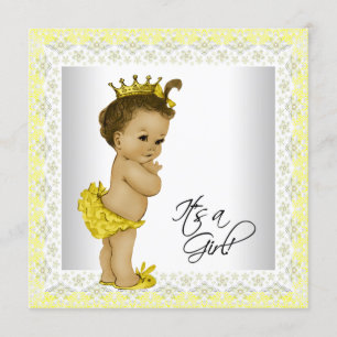 Invitation Fête de bébé fille vintage jaune et gris