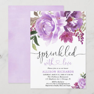 Invitation Fête de bébé fille violet floral saupoudré