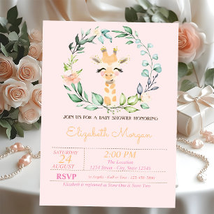 Invitation Fête de bébé Fleur de Feuille Aquarelle Girafeau 