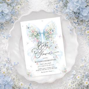 Invitation Fête de Bébé Fleur Sauvage au Ruban Bleu Élégant