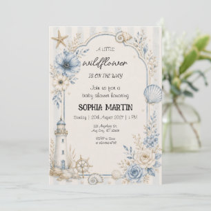 Invitation Fête de Bébé Fleur Sauvage Côtière Bleu Floral