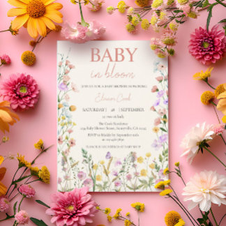 Invitation Fête de bébé Fleur sauvage Rose Fille QR Baby Show