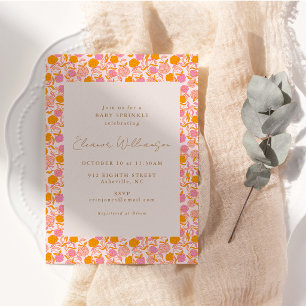 Invitation Fête de Bébé Fleurie Rétro Rose Orange Bohème