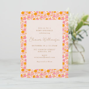 Invitation Fête de Bébé Fleurie Rétro Rose Orange Bohème