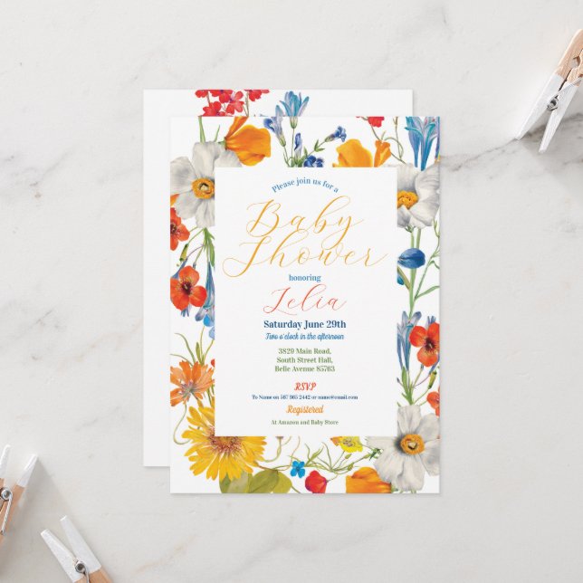 Invitation Fête de Bébé Fleurs d'Été Couleur Fleurs Party (Devant/Arrière en situation)