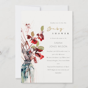 Invitation Fête de Bébé Fleurs Vintage Bohème Rouge Vert Encr
