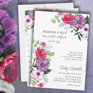 Invitation Fête de Bébé Fleurs Violettes Roses Florales