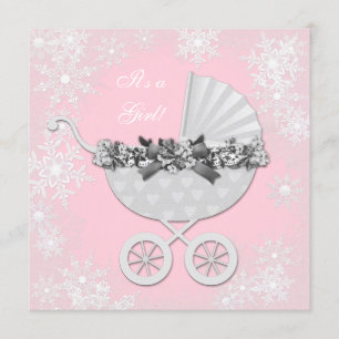 Invitation Fête de Bébé Flocon de Neige Rose Merveilleuse Hiv