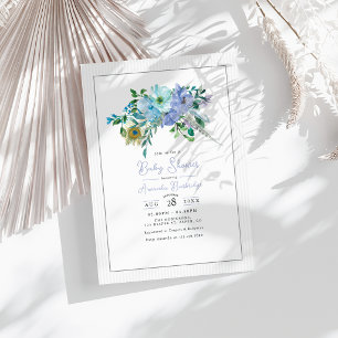 Invitation Fête de bébé florale bohème aquarelle verte et ble