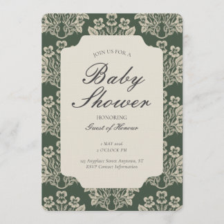 Invitation Fête de bébé florale damassée vintage vert beige