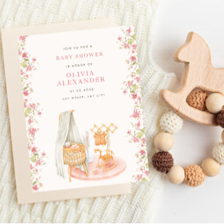 Invitation Fête de bébé florale dans une ambiance rose aquare