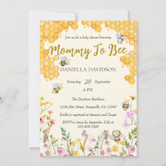 Invitation Fête de Bébé Florale Maman Bientôt Abeille Neutre 