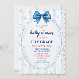 Invitation Fête de bébé florale pastel avec ruban bleu