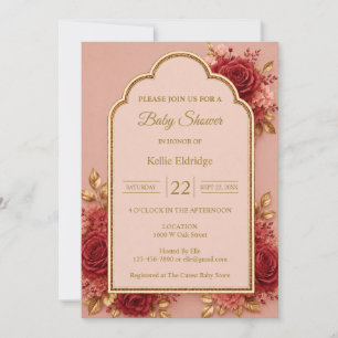 Invitation Fête de bébé florale rouge et or
