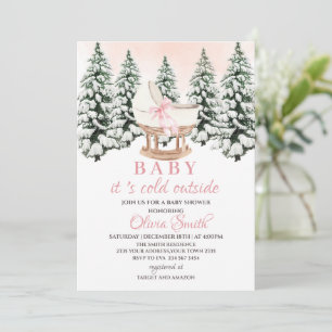Invitation Fête de Bébé Forêt d'Hiver Rose C'est Froid Dehors