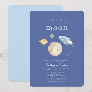 Invitation Fête de Bébé Fusée Bateau Spatial Bleu Au-Dessus d