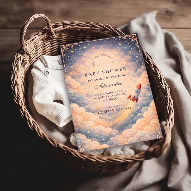 Invitation Fête de Bébé Fusée dans l'Espace Neutre (Créateur téléchargé)