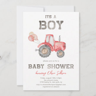 Invitation Fête de bébé garçon à la ferme avec tracteur rouge