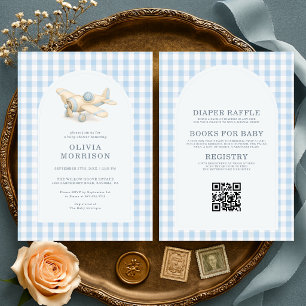 Invitation Fête de bébé garçon avion Gingham bleu tout en un