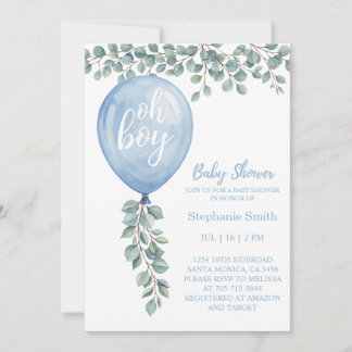 Invitation Fête de Bébé Garçon Ballon Bleu Poussiéreux Eucaly