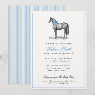 Invitation Fête de Bébé Garçon Bleu Chevalin Élégant Vintage