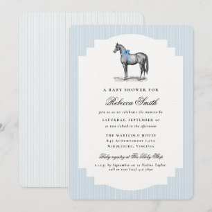 Invitation Fête de Bébé Garçon Bleu Élégant Cheval Ancien