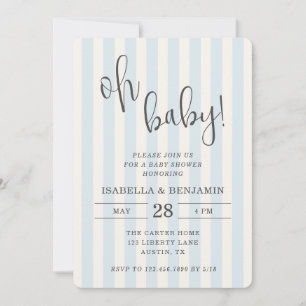 Invitation Fête de bébé garçon bleu et crème rayé Oh Bébé