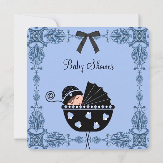 Invitation Fête de bébé garçon bleu noir Damask (Devant)