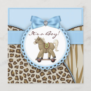 Invitation Fête de bébé garçon Cheval à Bascule Brun Bleu