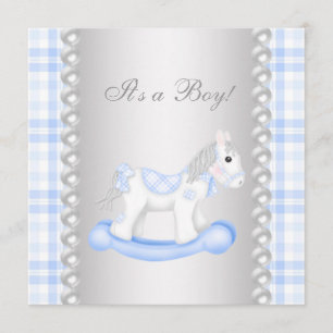 Invitation Fête de bébé garçon Cheval à Bascule Gingham Bleu