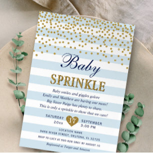 Invitation Fête de bébé garçon confettis rayure or bleu clair