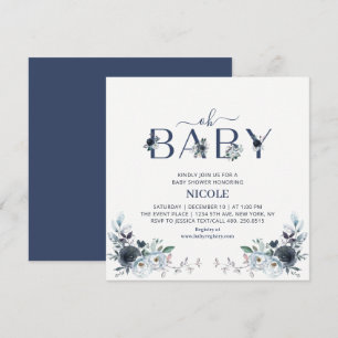 Invitation Fête de bébé garçon florale boho bleu marine Carré