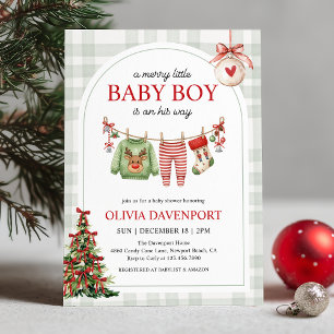 Invitation Fête de Bébé Garçon Gingham Noël Little Merry