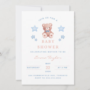 Invitation Fête de bébé garçon Ourson - Étoiles Bleu Clair