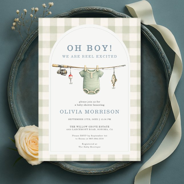 Invitation Fête de Bébé Garçon Pêche Gingham Vert (Créateur téléchargé)