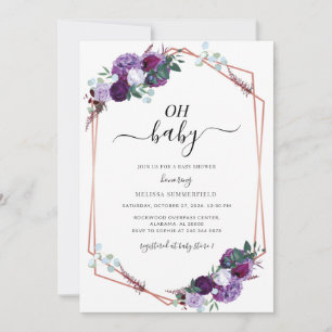 Invitation Fête de bébé géométrique rose gold florale violett