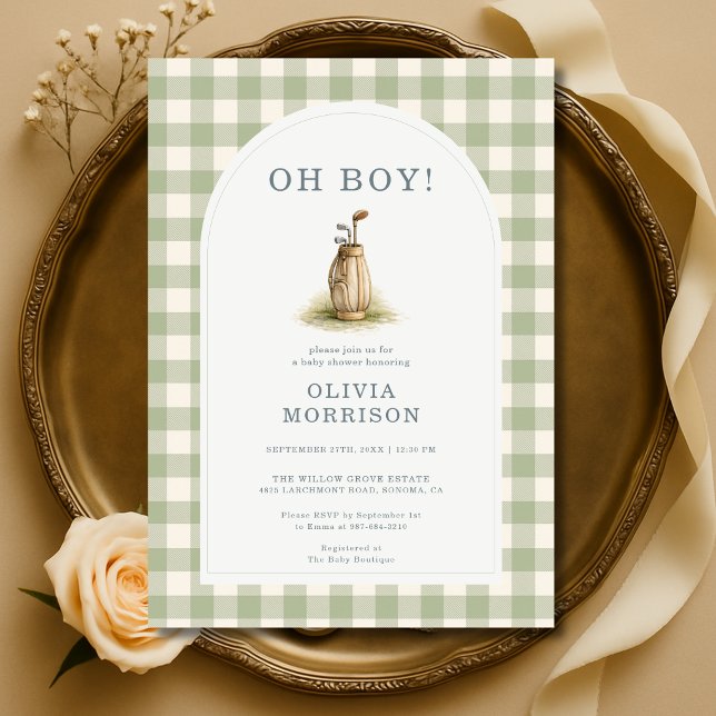 Invitation Fête de Bébé Gingham Vert de Golf (Créateur téléchargé)