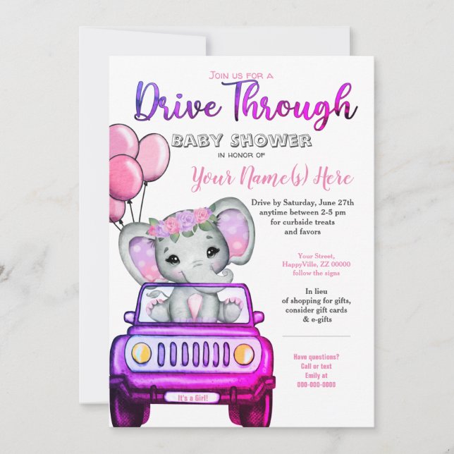 Invitation Fête de bébé Girl Drive By Éléphant Rose Violet (Devant)