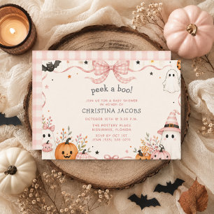 Invitation Fête de bébé Halloween en vichy rose Little Boo