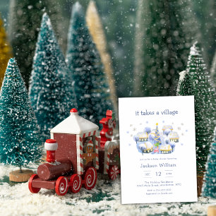 Invitation Fête de Bébé Hiver Bleu Pastel Il Faut Un Village
