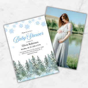 Invitation Fête de Bébé Hiver Flocons de Neige Pins