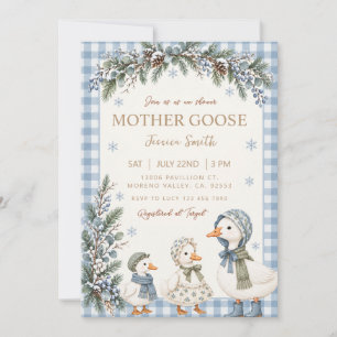 Invitation Fête de Bébé Hiver Tissu Vichy Bleu Oie de Mère