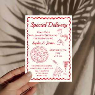 Invitation Fête de Bébé Livraison Spéciale Pizza Rouge Dessin