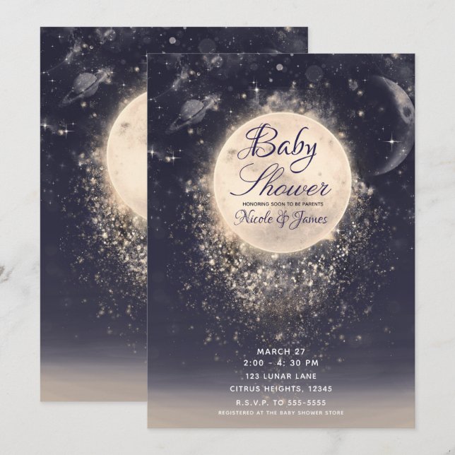 Invitation Fête de Bébé Magie de Rêve Lunaire Étincelles Cosm (Devant / Derrière)
