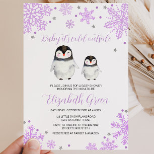 Invitation Fête de bébé manchot aux flocons de neige violets