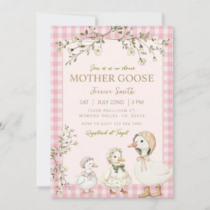 Invitation Fête de bébé Mother Goose Rose Fille