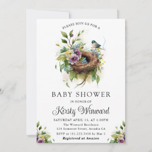 Invitation Fête de bébé Nid d'oiseau Floral Aquarelle Printem